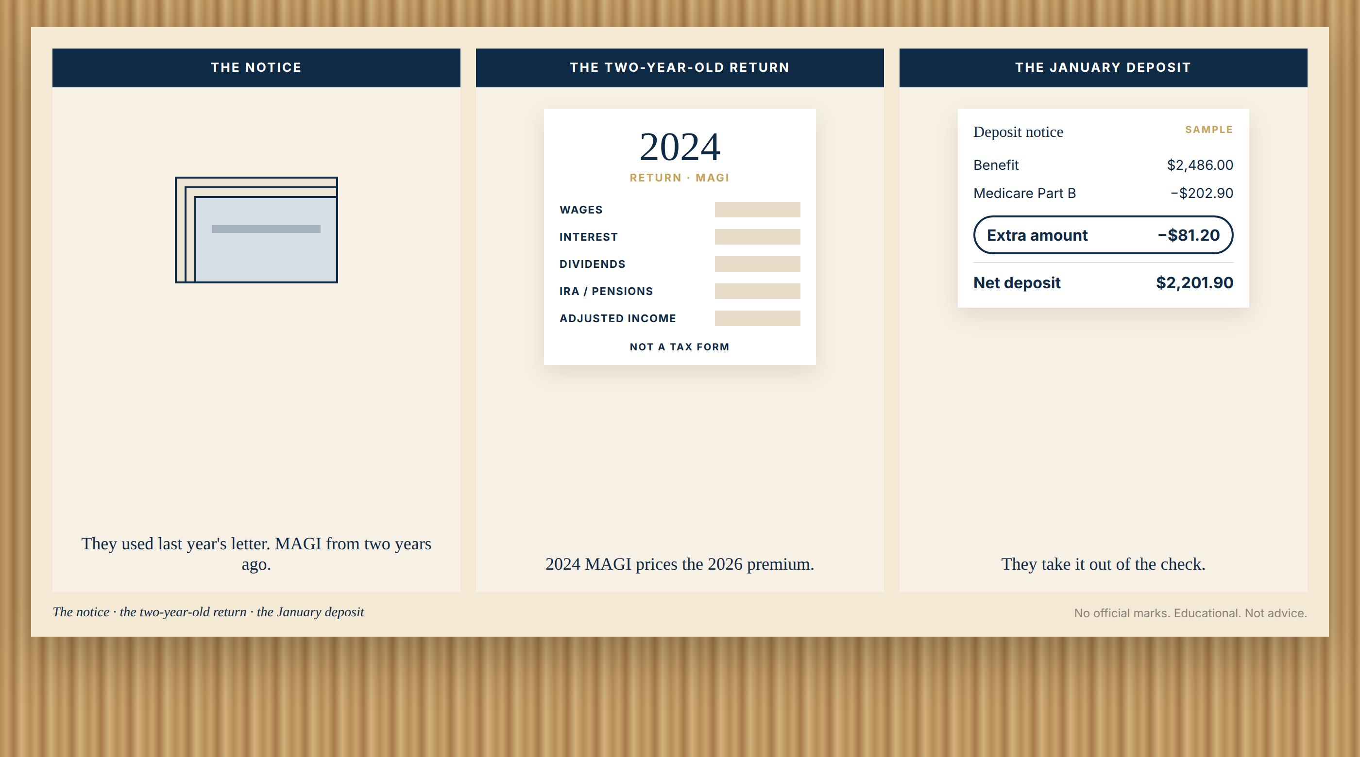 Diagram: tax return from two years ago, two-year delay, Medicare premium taken from Social Security.